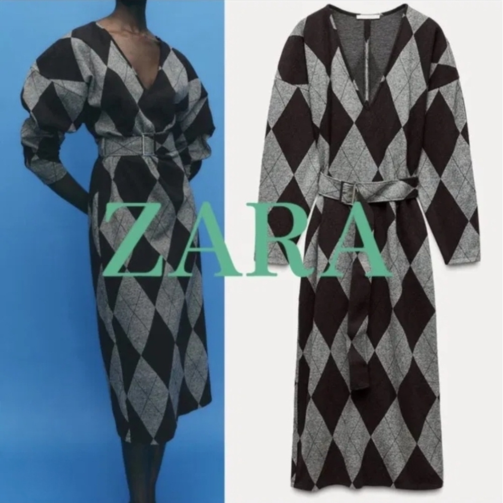 ZARA Belted Midi Dress Mink Brown